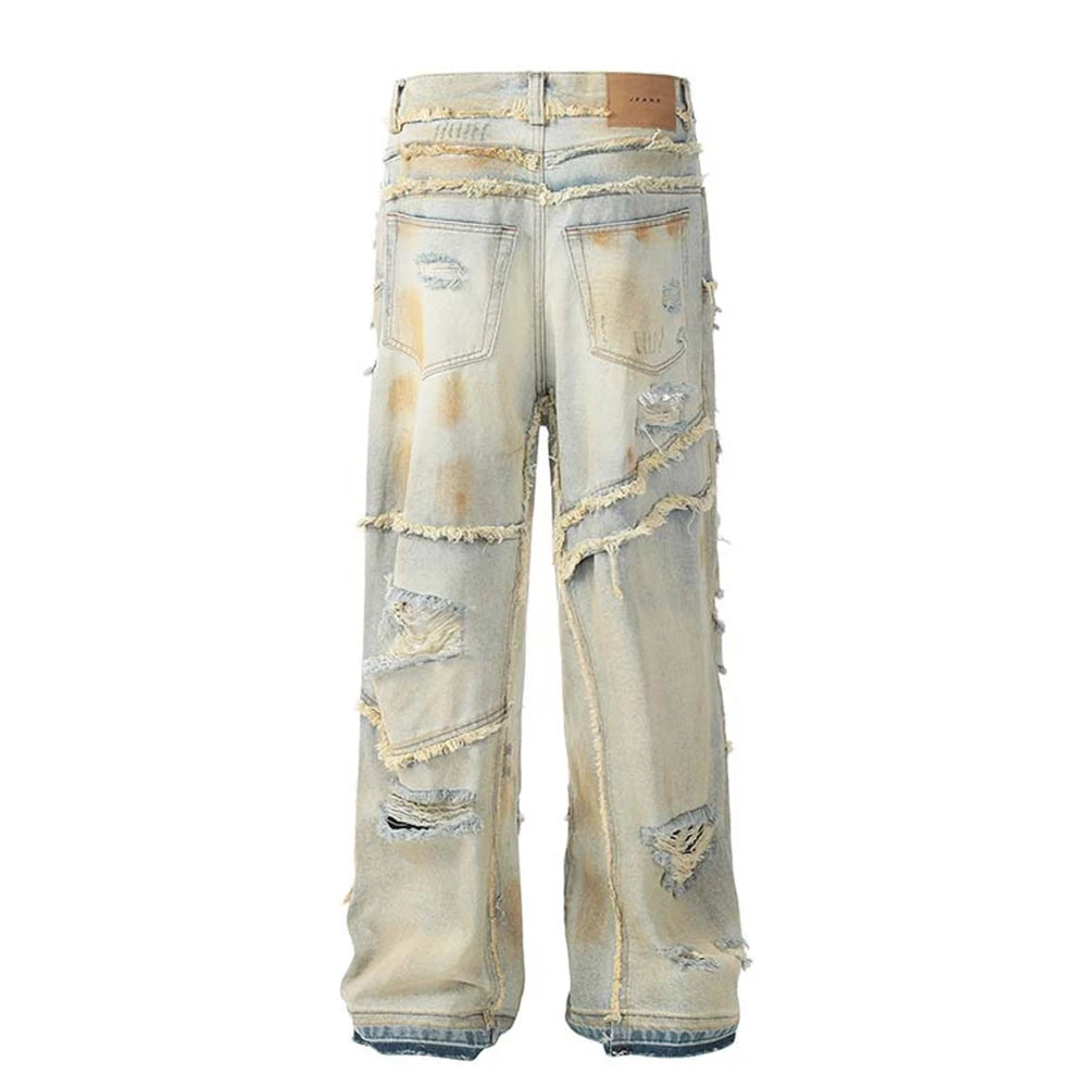 mens fashion ripped jeans blue straight baggy jeans trousers luxury loose casual distressed denim pants male unique jeans style 6050