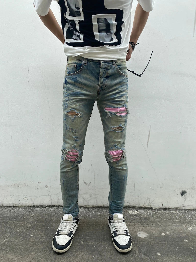 destroied ripped holes patckwork denim jean mens casual distressed washed biker jeans new fashion high street slim pants joggers unique joggers style 3376