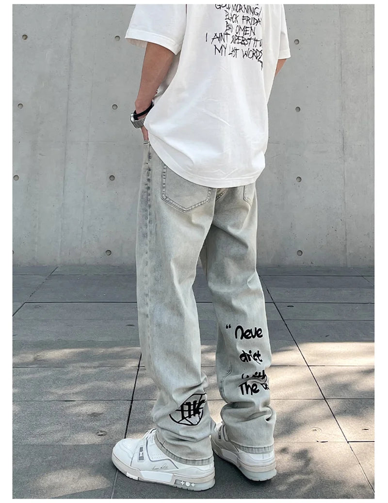 american gothic letter mens baggy jeans y2k retro harajuku straight denim trousers hip hop fashion printed jean man pants unique jeans style 578