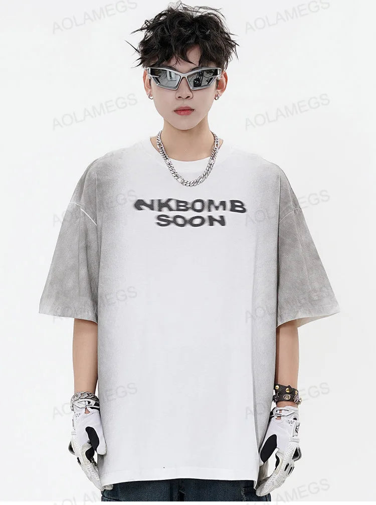 Gothic Vintage print – Men Y2K T Shirts Street Hip Hop Gradient Tshirt Retro Washed