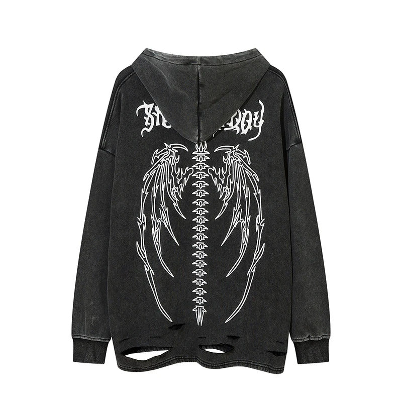 Harajuku angelcore design featuring fashion skull printed hoodies hip hop retro washed bottom ripped sweatshirt streetwear men hooded warm fleece loose tops hoodies