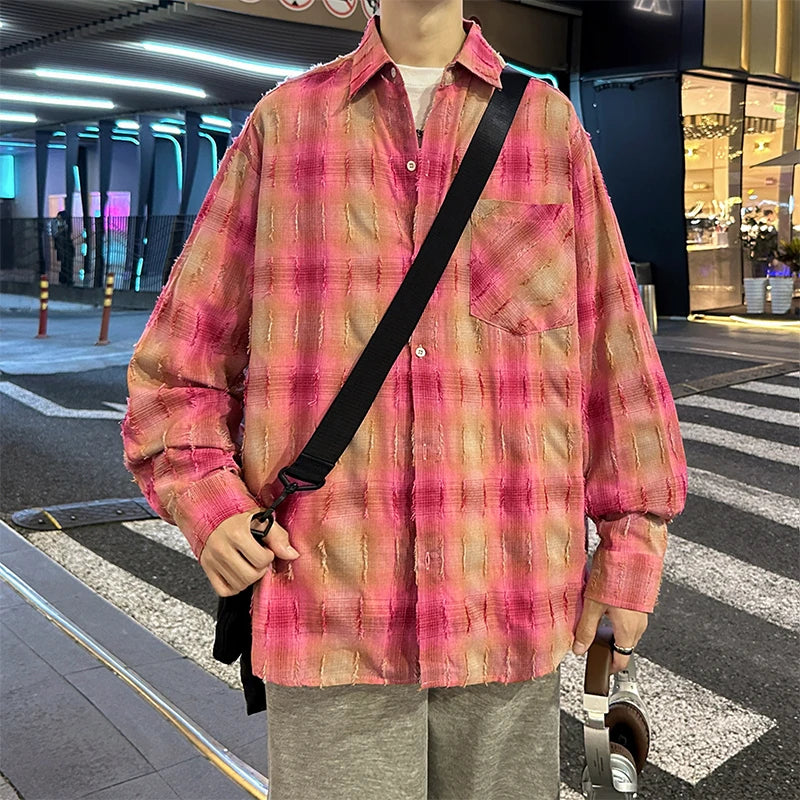 Autumn Long Sleeved Men Oversized Retro Casual Men Japanese Streetwear Loose Plaid Shirt