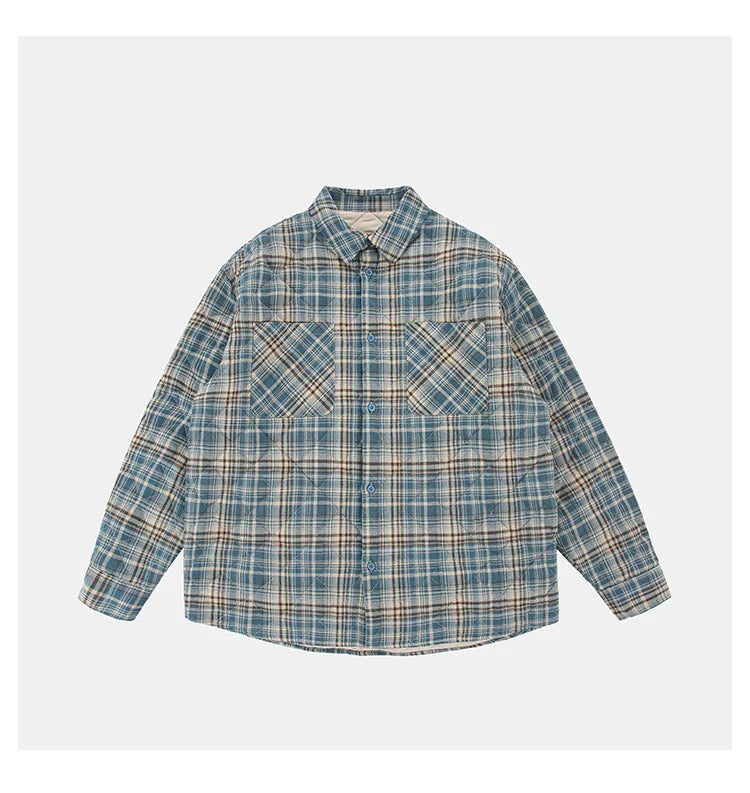 Autumn Winter Men Streetwear Fashion Loose Casual Oversize Plaid Cotton-padded Shirt Style Parkas Jacket Campus Couple Coat