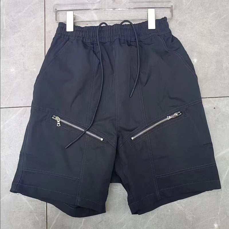 high street zipper pockets vibe style baggy drawstring summer shorts for men straight loose casual knee length pants oversized drawstring street shorts