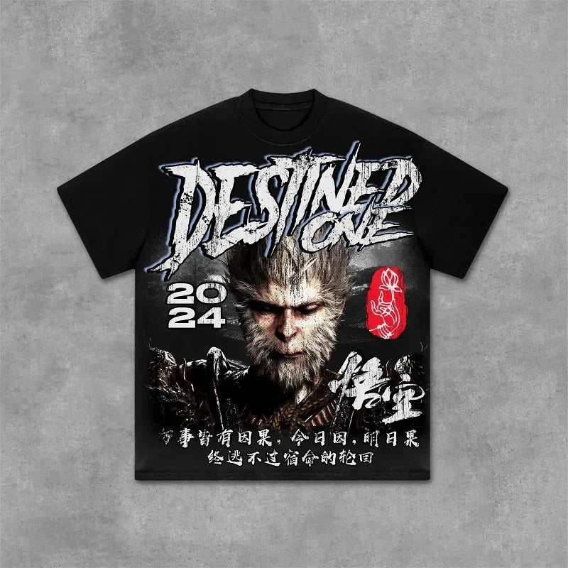 2024 American Trendy Brand Loose Casual Short-sleeved Black Myth Wukong Anime Print Oversized T-shirt Women Y2k Retro Clothing