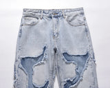 streetwear swag style blue frayed jeans pants for men retro washed ripped casual tapered denim trousers slim fit y2k jean male unique jeans style 66