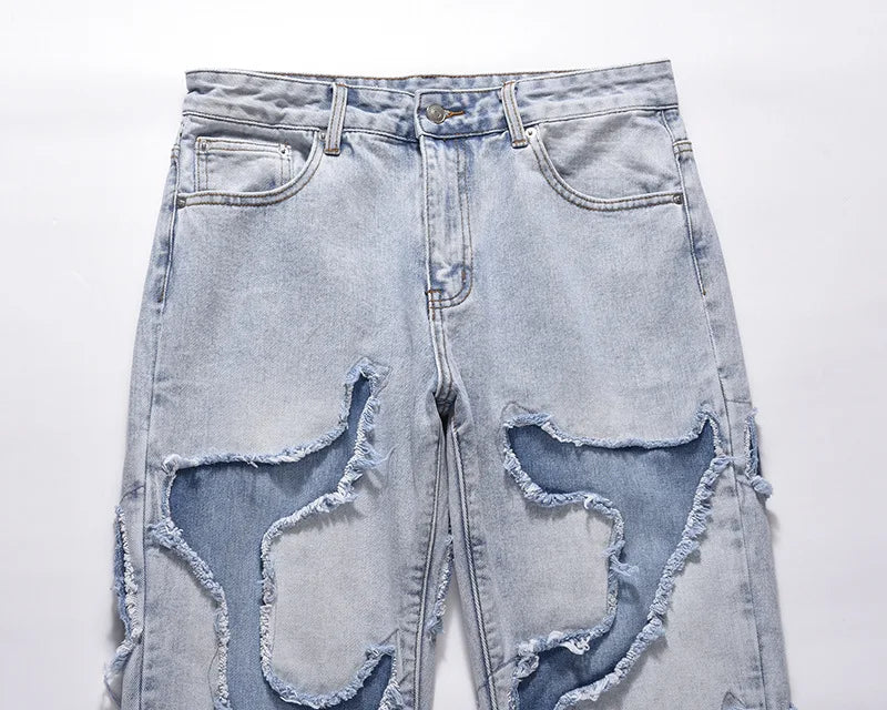 streetwear swag style blue frayed jeans pants for men retro washed ripped casual tapered denim trousers slim fit y2k jean male unique jeans style 66