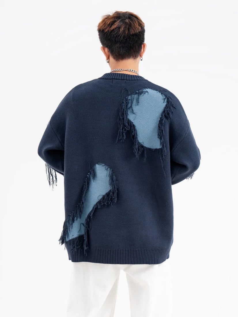 mens knitted sweater fashion tassel irregular block pullovers casual o neck unisex harajuku y2k streetwear loose knit jumpers - bold artwork streetwear hoodie, graphic printed hoodie for men and women, urban fashion pullover