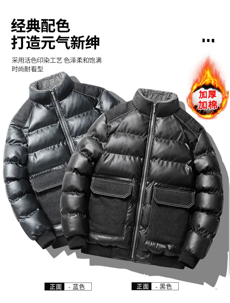 Winter new men's cotton thickened jacket slim stand-up collar splicing PU leather large pocket cotton-padded coat men
