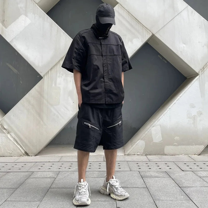high street zipper pockets vibe style baggy drawstring summer shorts for men straight loose casual knee length pants oversized unique shorts style 4628