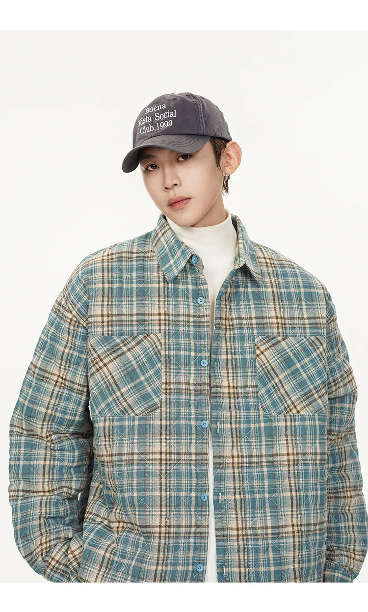 Autumn Winter Men Streetwear Fashion Loose Casual Oversize Plaid Cotton-padded Shirt Style Parkas Jacket Campus Couple Coat