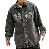 Hip Hop Denim Jeans Shirt Harajuku Retro Washed Letter Embroidery Long Sleeve Shirts for Men High Street Casual Loose Tops Shirt