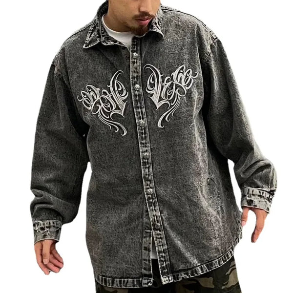 Hip Hop Denim Jeans Shirt Harajuku Retro Washed Letter Embroidery Long Sleeve Shirts for Men High Street Casual Loose Tops Shirt
