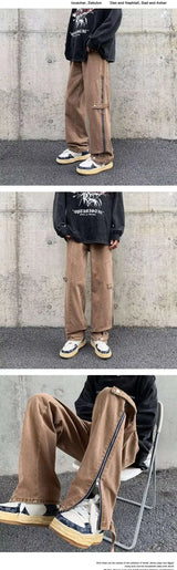 2023 cool design side zipper baggy men cargo jeans pants vintage brown straight cotton hip hop long trousers pantalones hombre unique cargo style 5830
