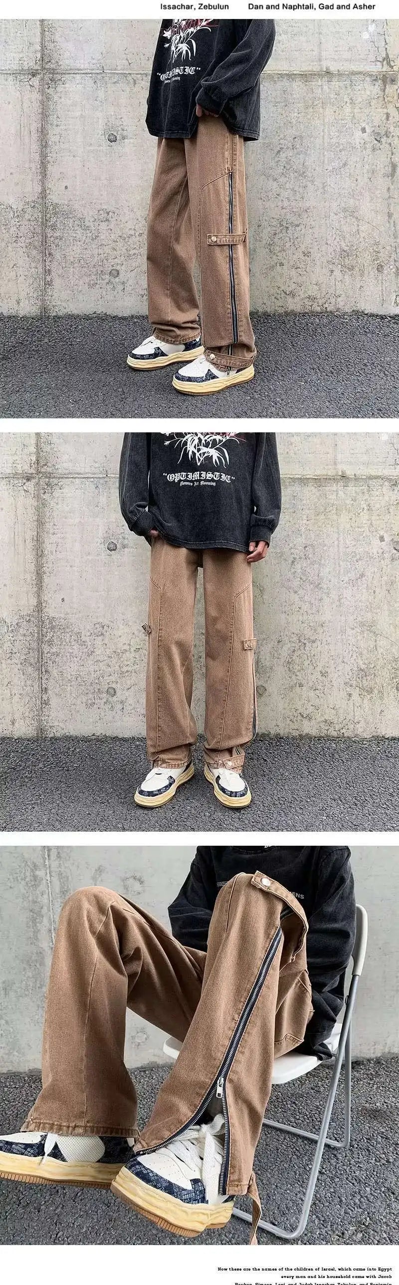 2023 cool design side zipper baggy men cargo jeans pants vintage brown straight cotton hip hop long trousers pantalones hombre unique cargo style 5830
