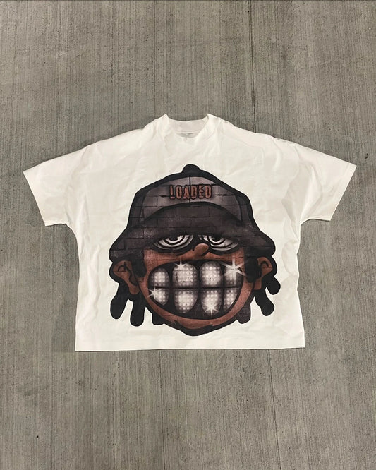 harajuku manga t-shirt with distorted text blocks and vapor shading