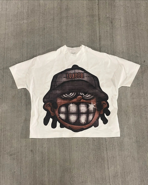 harajuku manga t-shirt with distorted text blocks and vapor shading