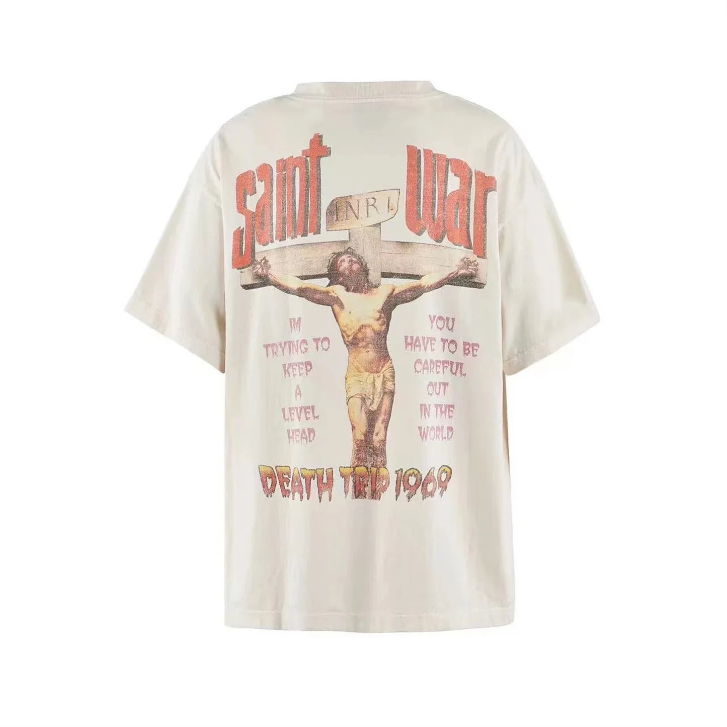 24SS New Vintage Retro Cross Printing Washed Distressed Short Sleeves T-Shirt Tops