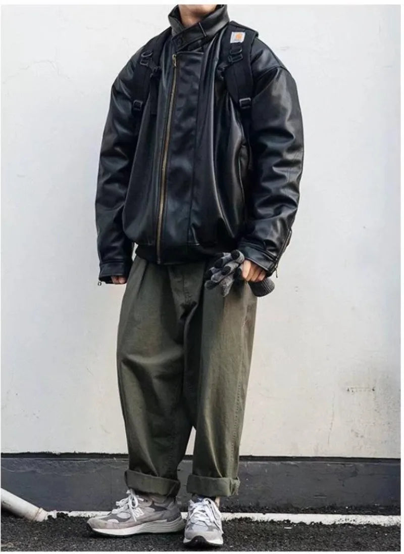 japanese street motorcycle set men thickened stand collar hip hop leather jacket harajuku casual pants 2 pcs bomber suit 2023 unique default style 4896