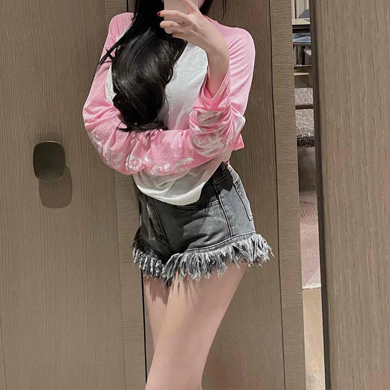 Raw Edge Fringe Gothic Style Denim Shorts Female Summer American Street High Waist Design Sense Casual A Word Super Short