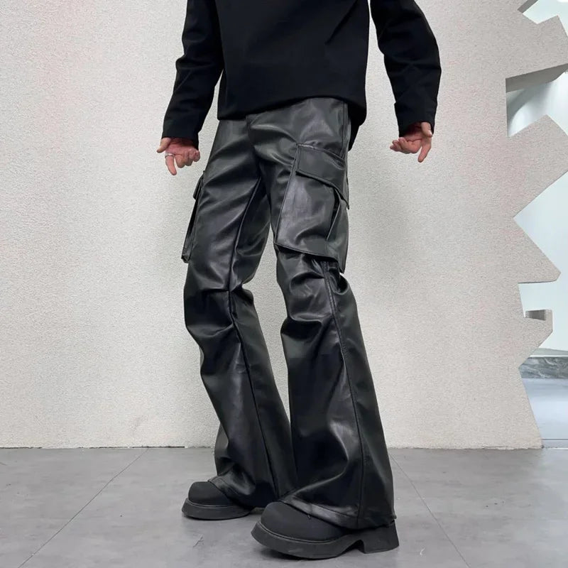 pu leather pants mens streetwear fashion hip hop vibe casual faux leather cargo flared pant men motorcycle trousers unique cargo style 3079