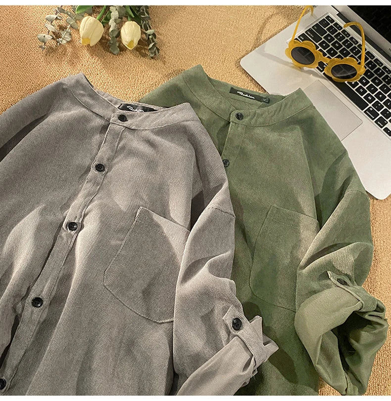 Men's Cardigan Japanese Style Solid Color Short Sleeve Shirts Turn-down Collar Casual Loose Blouses Spring Summer Male Clothing