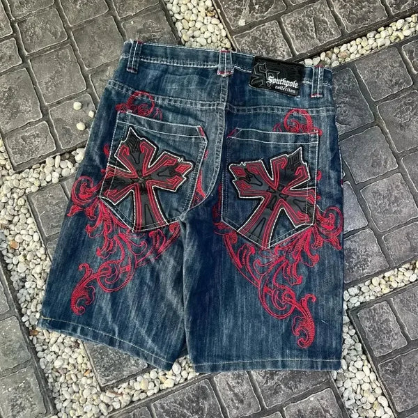 2024 new fashion comfortable versatile Gothic punk cross graphic print design casual denim short for men casual jorts shorts y2k