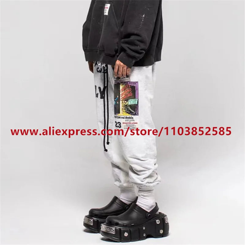 2024 autumn winter vintage casual sports pants mens letter illustration printed loose drawstring leg strap high street hip hop unique default style 1871