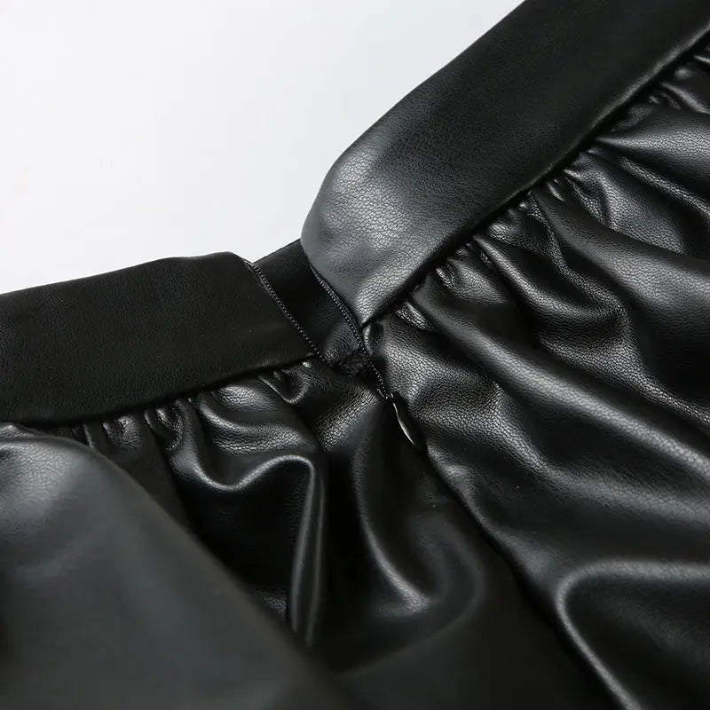 IAMHOTTY European and American Puff Flower Bud Leather Skirt Fashion Solid Color Versatile Leather Short Skirt  y2k skirt