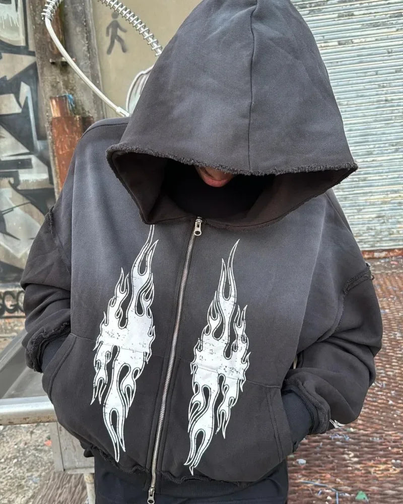 American Street Trend Fashion Flame Print Fashion Zipper Hoodie Women