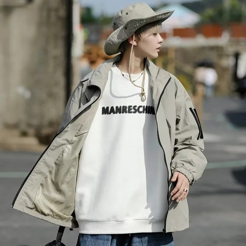 Outdoor Mens Charge Jacket Retro Loose Stand Collar Waterproof Tooling