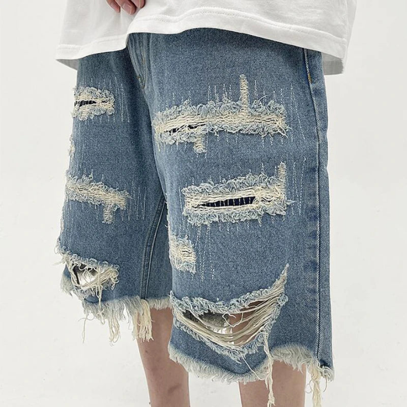 Mens Fashion Denim Jean Shorts Summer Casual Destroyed Ripped Destressed Holes Loose Shorts Hip Hop Streetwear Shorts Joggers