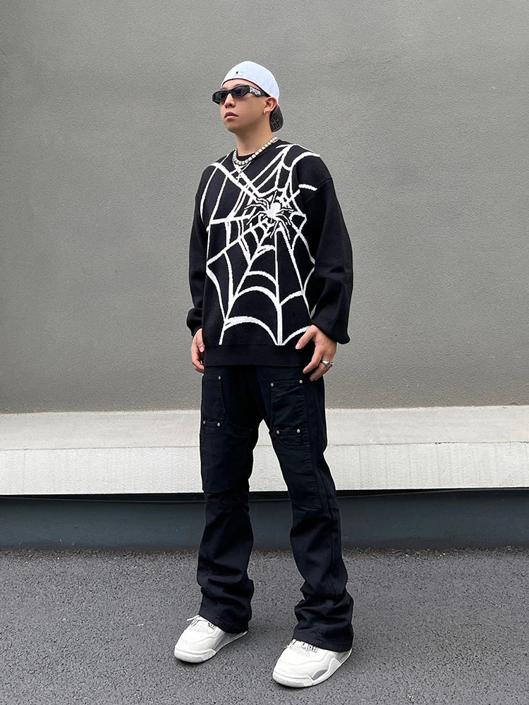 hip hop harajuku spider web pattern knitted sweater unisex pullover streetwear winter casual loose sweater warm jumper knitwear - trendy hip hop fashion hoodie, vintage look oversized hoodie, oversized streetwear hoodie
