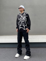 hip hop harajuku spider web pattern knitted sweater unisex pullover streetwear winter casual loose sweater warm jumper knitwear - trendy hip hop fashion hoodie, vintage look oversized hoodie, oversized streetwear hoodie