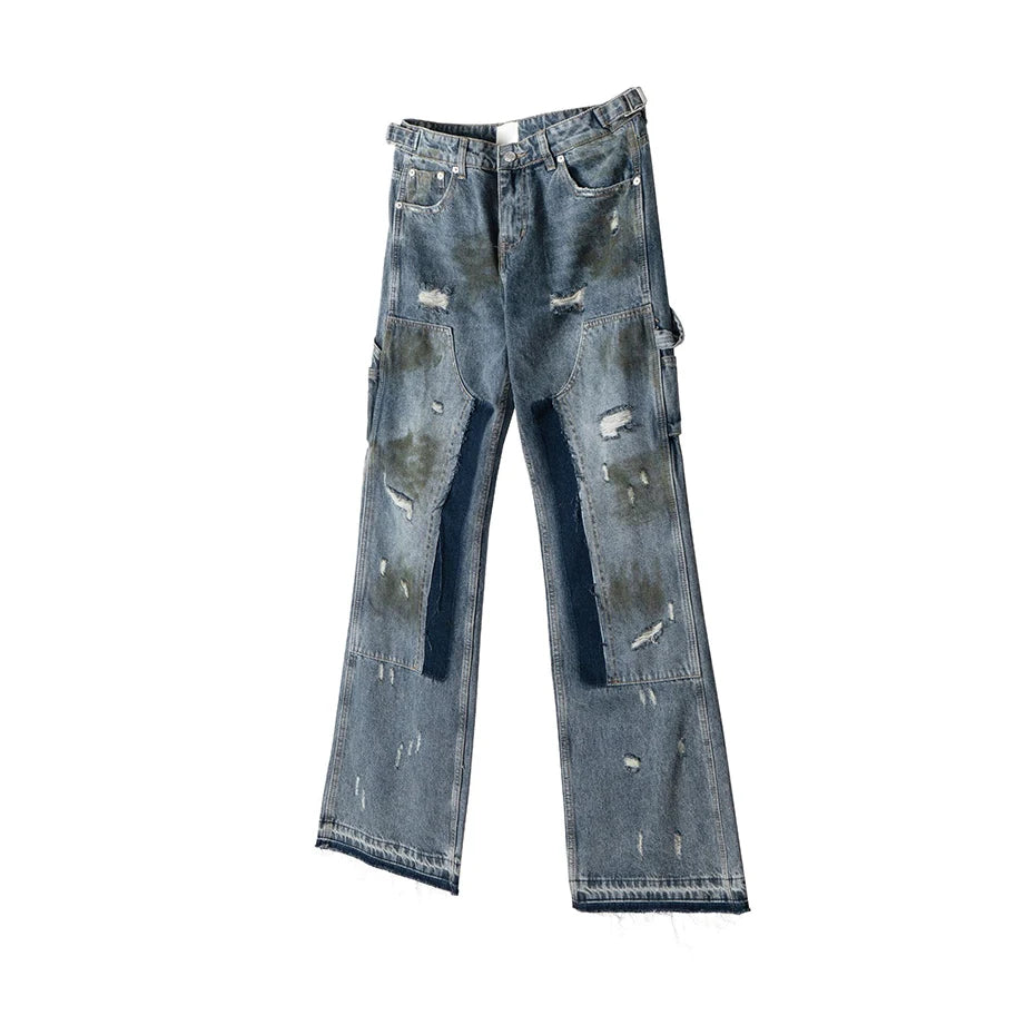 men blue ripped baggy jeans dirty printed distressed loose denim pants male luxury designer fashion jeans trousers unique jeans style 1362