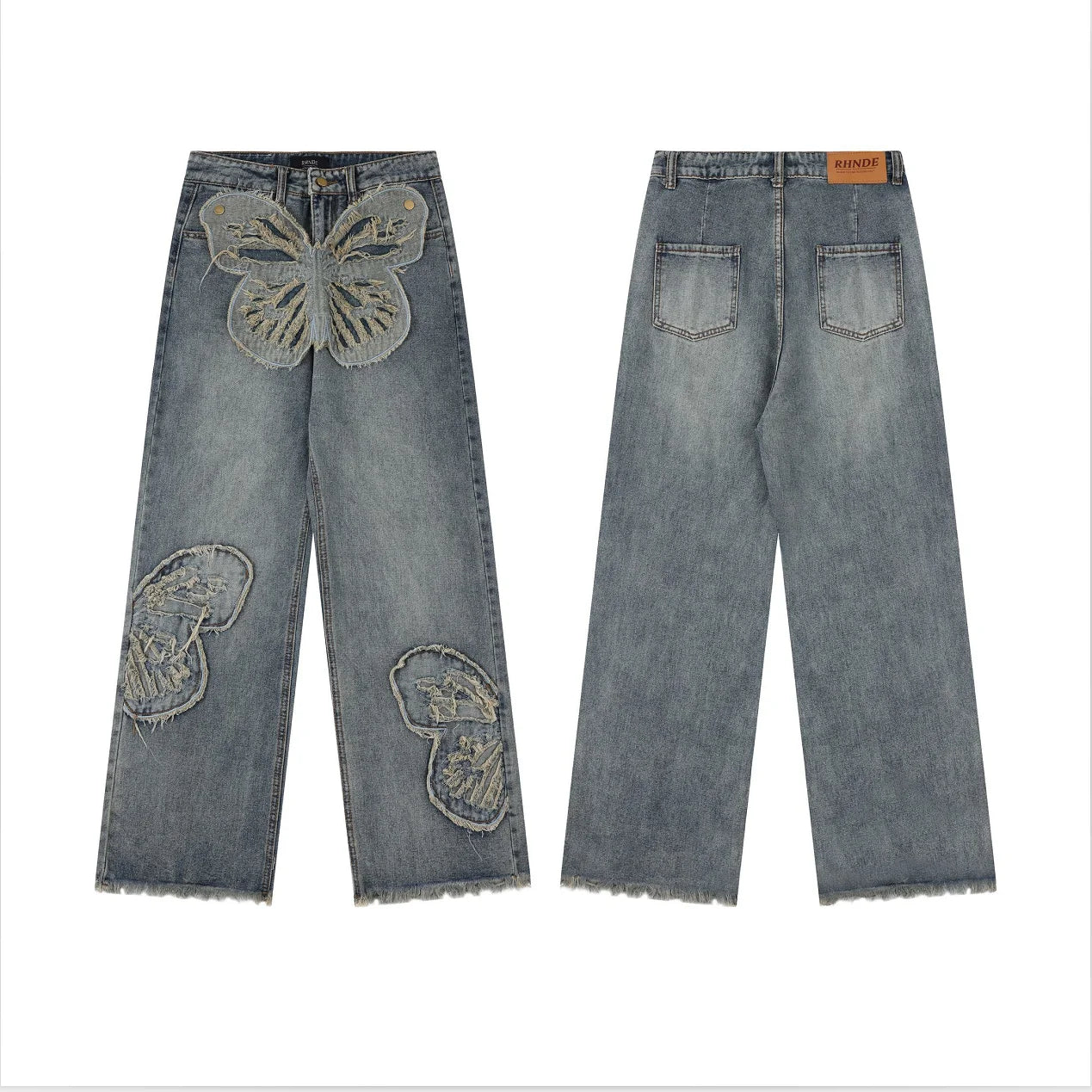butterfly patches embroidered washed straight vintage baggy fitting jeans for men high street distressed jeans pants women unique jeans style 4470