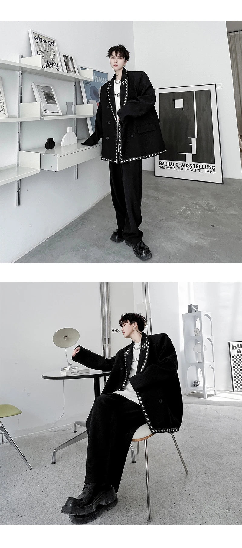 men streetwear fashion loose casual rivet hip hop party dress 2 piece suits blazers jacket pant sets stage clothing costume unique default style 1554