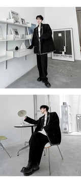 men streetwear fashion loose casual rivet hip hop party dress 2 piece suits blazers jacket pant sets stage clothing costume unique default style 1554