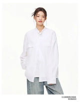 Men Loose Casual Streetwear Fashion Stand Collar Long Sleeve Black White Oversize Shirt Couple Plus Size Shirts Blouses