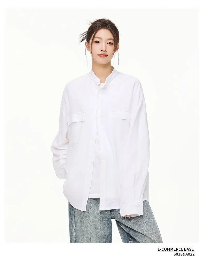 Men Loose Casual Streetwear Fashion Stand Collar Long Sleeve Black White Oversize Shirt Couple Plus Size Shirts Blouses
