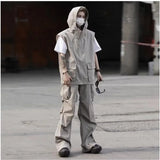 summer casual sleeveless set men hip hop loose hooded vest pockets straight leg cargo pants 2 piece outdoors sports camp suit unique cargo style 4405