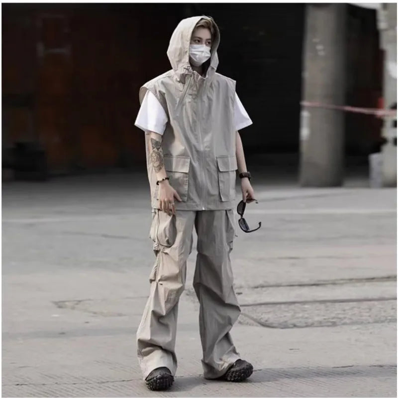 summer casual sleeveless set men hip hop loose hooded vest pockets straight leg cargo pants 2 piece outdoors sports camp suit unique cargo style 4405