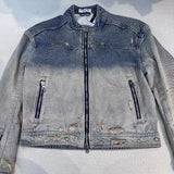 graphic outerwear featuring collarless wash denim motorcycle jacket design – premium quality jacket for men