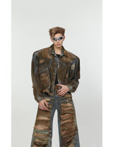 2 pieces sets mens dirty graffiti wide shouder denim jeans jacket coat and ripped holes wide legs pants joggers streetwear sets unique joggers style 4557
