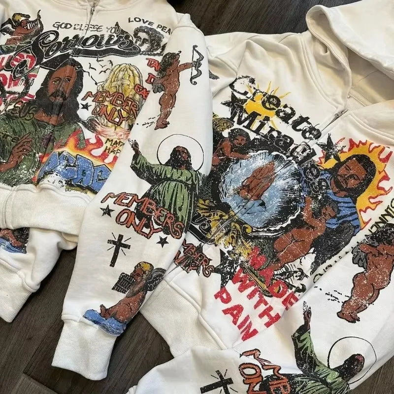 2024 Y2K High Street Cartoon Anime Print Oversized Hoodie Women Fashio