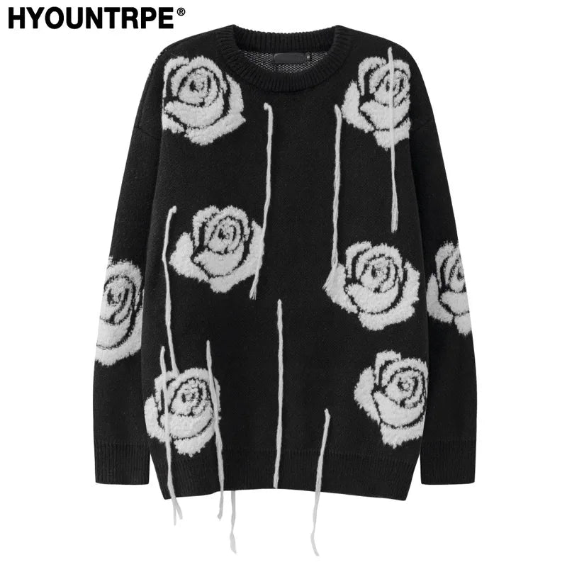 fashion floral pattern knitted sweater men new casual o neck pollover unisex harajuku y2k streetwear loose knit sweaters jumpers - high quality cotton hoodie, 2025 streetwear drop, oversized streetwear hoodie