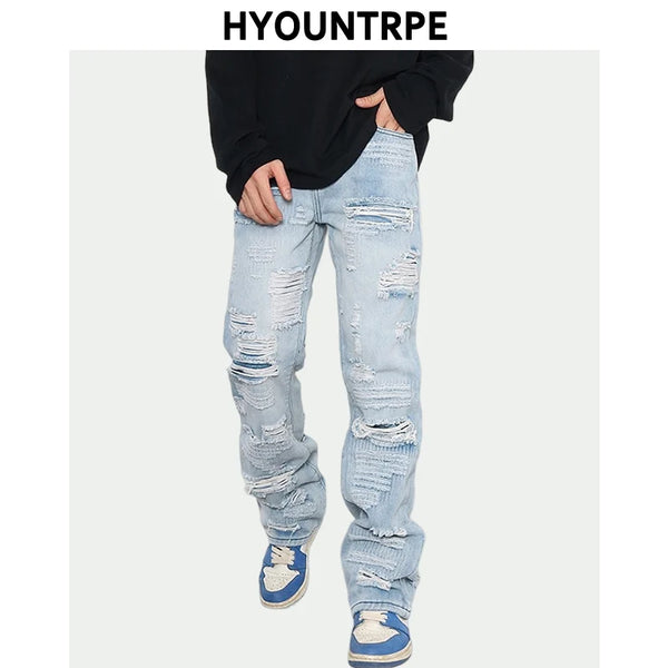 men distressed ripped destroied holes denim jean pants fashion zipper biker jeans streetwear flare pants joggers y2k men s jeans relaxed fit joggers