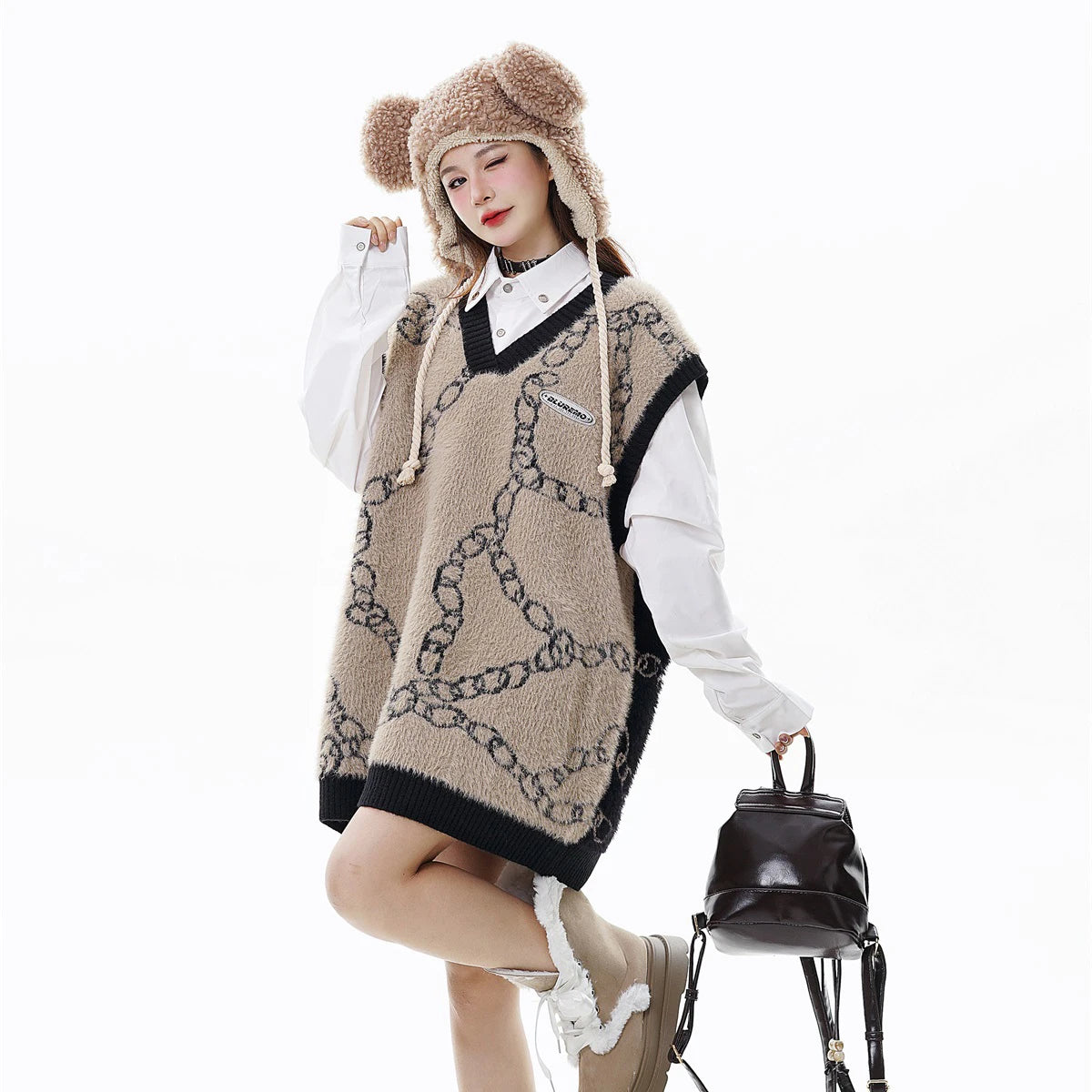 high street harajuku imitation mink hair knitted vest chain color block v neck pullover sweater vest oversized knitwear trendy urban wear with bold artwork, high quality cotton pullover, trendy hip hop style outerwear