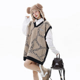 high street harajuku imitation mink hair knitted vest chain color block v neck pullover sweater vest oversized knitwear trendy urban wear with bold artwork, high quality cotton pullover, trendy hip hop style outerwear