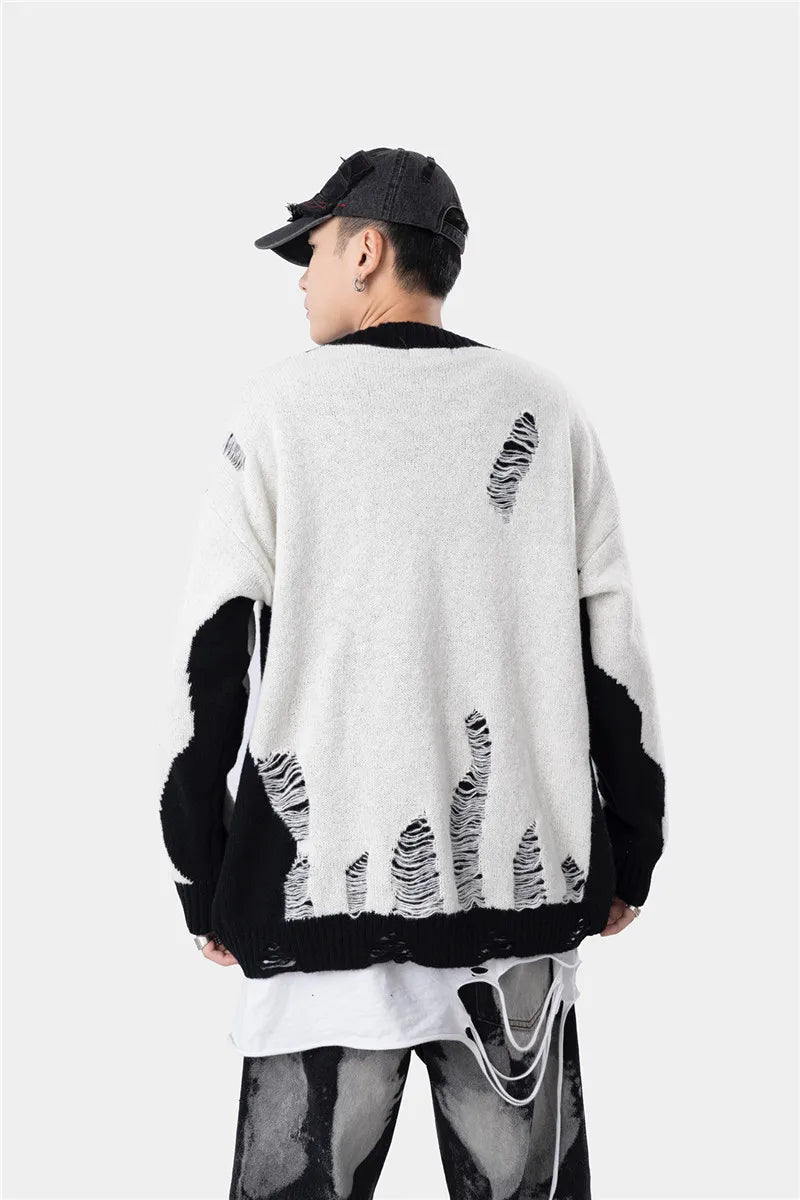 hip hop streetwear knitted sweater sweater 2022 mens harajuku ripped holes new casual v neck tops cotton loose pullover sweaters - oversized streetwear hoodie, gothic aesthetic hoodie for winter, soft fleece-lined outerwear